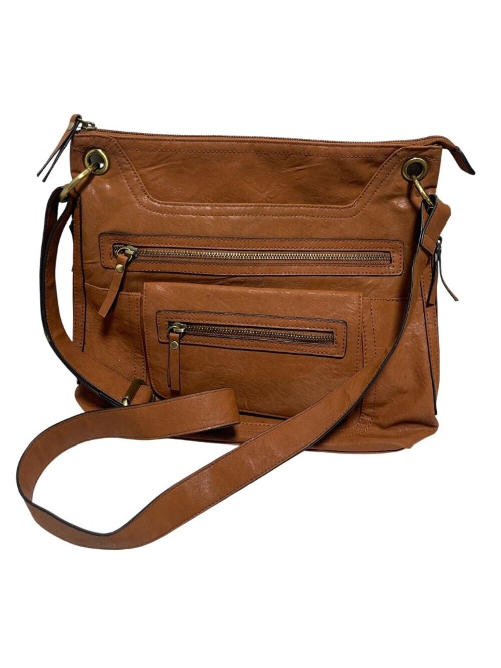Faux Leather Crossbody Bag Cognac Brown Multi Pocket Shoulder Purse Boho